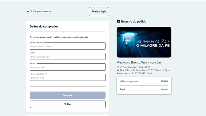 Tela de inscrições